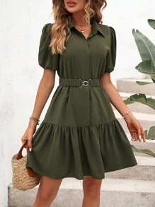 SHEIN LUNE Puff Sleeve Ruffle Hem Belted Shirt Dress - Army Green - View 7