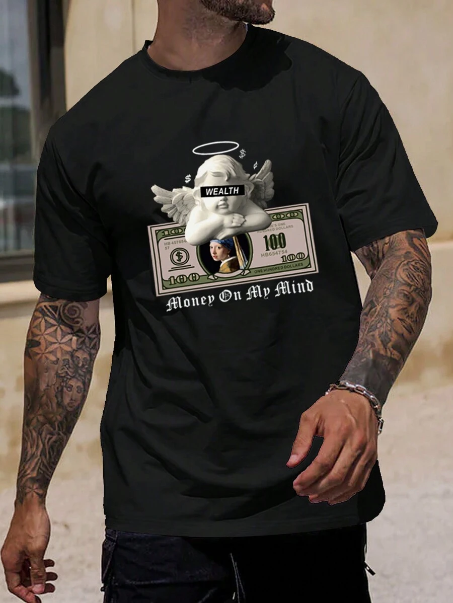 Manfinity LEGND Hombres Camiseta de hombros caídos con estampado de figura y letra - Negro - Ver 1