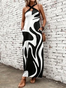 SHEIN LUNE Graphic Print Criss Cross Halter Neck Hidden Pocket Dress - Black and White - View 1