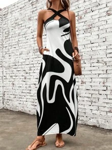 SHEIN LUNE Graphic Print Criss Cross Halter Neck Hidden Pocket Dress - Black and White - View 7