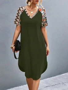 SHEIN LUNE 幾何印花插肩袖扭結下擺洋裝 - 軍綠色 - 查看 4