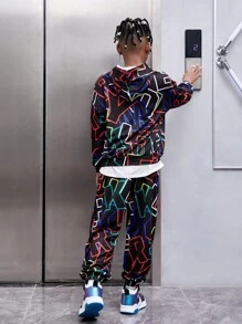 SHEIN 2入組/套男童街頭風格彩色字母通體印花連帽衫和運動褲，寬鬆版型 - 彩色 - 查看 2