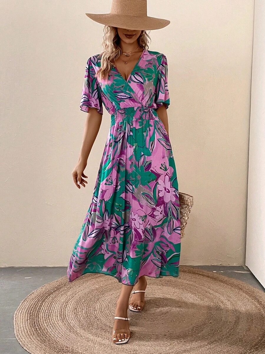 SHEIN VCAY Đầm Buộc lại Trọn gói Dải chun Hoa Tất cả trên in Boho - Nhiều màu - Xem 1