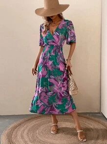 SHEIN VCAY Đầm Buộc lại Trọn gói Dải chun Hoa Tất cả trên in Boho - Nhiều màu - Xem 4