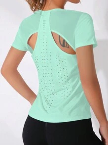 Gameset SHEIN Sport 女士纯色插肩袖运动上衣/无缝/拇指孔健身背心 - 薄荷藍 - 查看 1