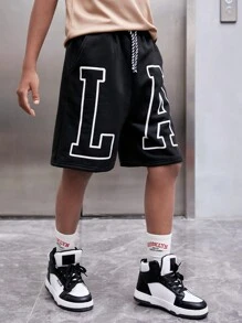 SHEIN 青少年男孩運動街頭風格的la字母印花寬腳短褲 - 黑色 - 查看 4