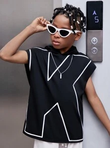 SHEIN Áo tay ngắn dáng rộng phong cách đường phố dành cho bé trai tuổi teen, in chữ lớn. - màu đen - Xem 1