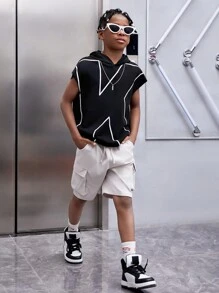 SHEIN Áo tay ngắn dáng rộng phong cách đường phố dành cho bé trai tuổi teen, in chữ lớn. - màu đen - Xem 4