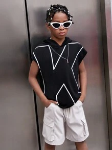 SHEIN Áo tay ngắn dáng rộng phong cách đường phố dành cho bé trai tuổi teen, in chữ lớn. - màu đen - Xem 5