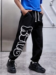 SHEIN 男童街頭藝術風塗鴉字體印花鬆緊褲腳寬鬆闊腿褲 - 黑色 - 查看 4