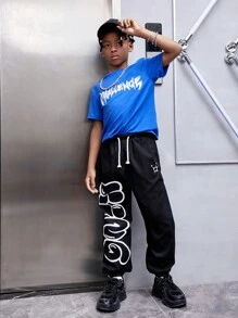 SHEIN 男童街頭藝術風塗鴉字體印花鬆緊褲腳寬鬆闊腿褲 - 黑色 - 查看 5