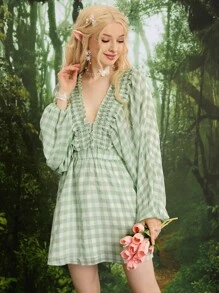 SHEIN MOD Gingham Print Ruffle Trim Batwing Sleeve Dress
