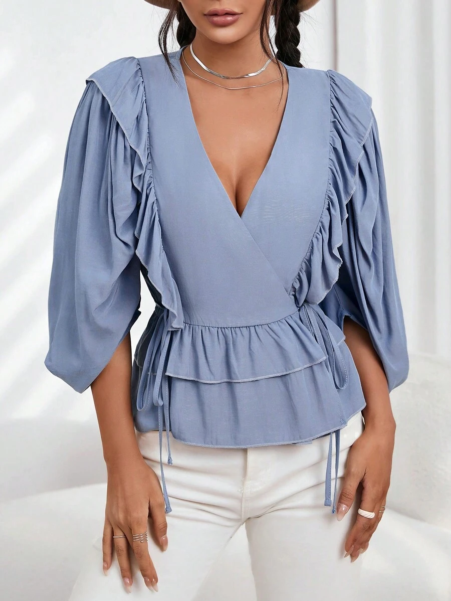 SHEIN Privé 荷葉邊側打結圍裹荷葉邊下擺襯衫 - 藍色 - 查看 1