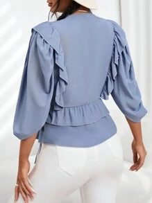 SHEIN Privé 荷葉邊側打結圍裹荷葉邊下擺襯衫 - 藍色 - 查看 2