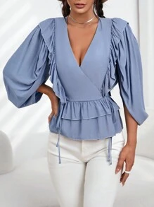 SHEIN Privé 荷葉邊側打結圍裹荷葉邊下擺襯衫 - 藍色 - 查看 3