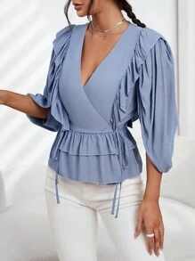 SHEIN Privé 荷葉邊側打結圍裹荷葉邊下擺襯衫 - 藍色 - 查看 4