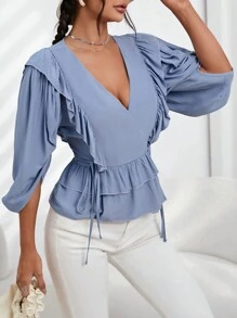 SHEIN Privé 荷葉邊側打結圍裹荷葉邊下擺襯衫 - 藍色 - 查看 5