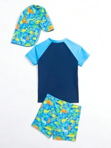 小男童卡通圖案沙灘泳裝帶帽子