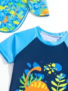 小男童卡通圖案沙灘泳裝帶帽子