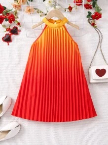 Young Girl Ombre Pleated Halter Dress - Orange - View 1