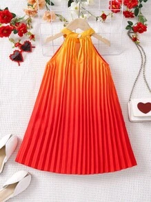 Young Girl Ombre Pleated Halter Dress - Orange - View 2