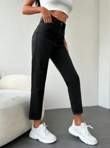 EURMUSE Solid Cropped Mom Fit Jeans - Black - View 3