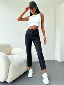 EURMUSE Solid Cropped Mom Fit Jeans - Black - View 4