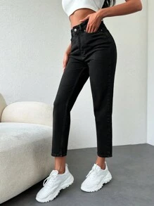 EURMUSE Solid Cropped Mom Fit Jeans - Black - View 5