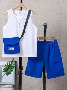 SHEIN 男大童背心上衣和翻蓋口袋短褲和包