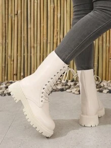 女性時尚淺褐色的側邊系帶拉鍊摩托車靴子