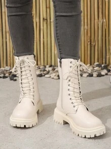 女性時尚淺褐色的側邊系帶拉鍊摩托車靴子