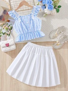 SHEIN 女孩格子圖案荷葉邊花邊下擺上衣和百褶半身裙套裝 - 藍白色 - 查看 1