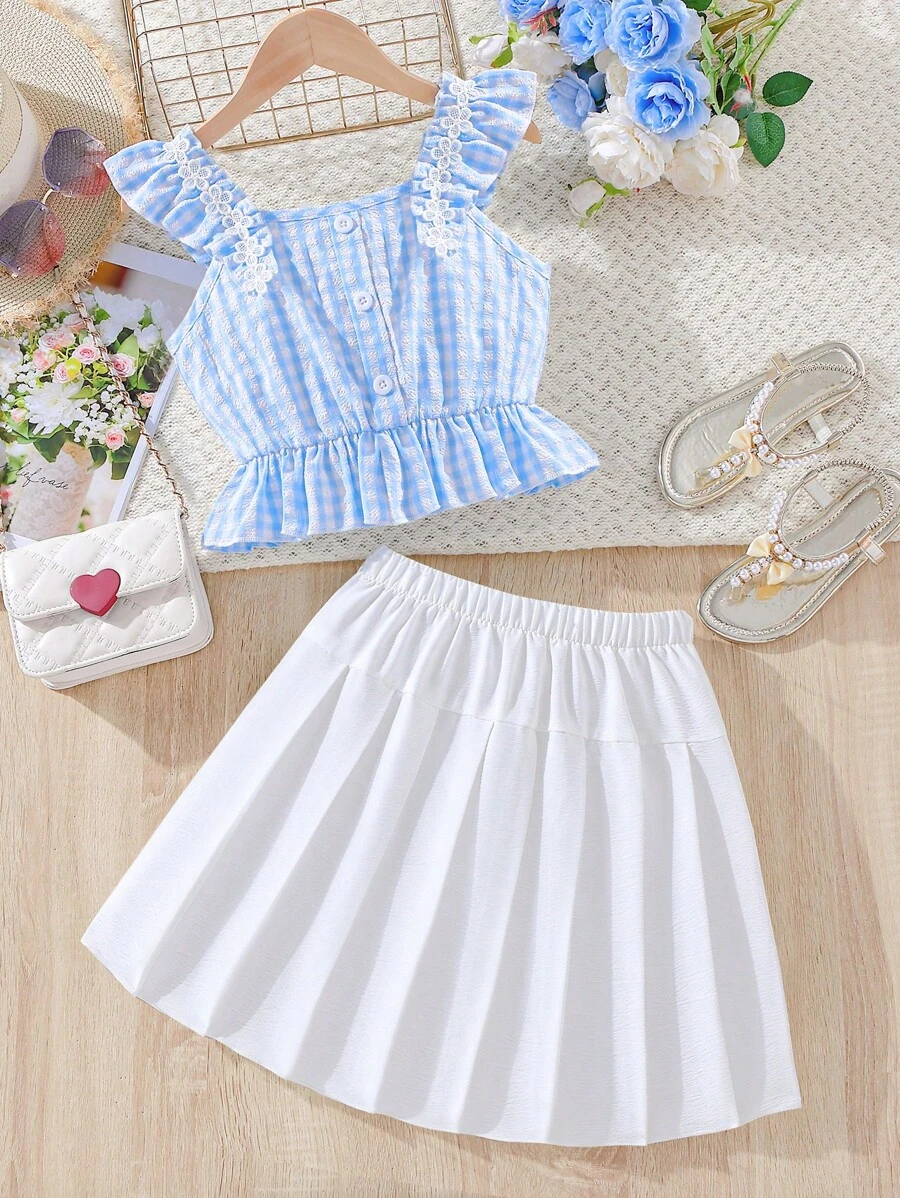 SHEIN 女孩格子圖案荷葉邊花邊下擺上衣和百褶半身裙套裝 - 藍白色 - 查看 1