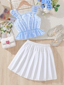 SHEIN 女孩格子圖案荷葉邊花邊下擺上衣和百褶半身裙套裝 - 藍白色 - 查看 2