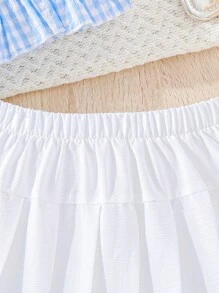 SHEIN 女孩格子圖案荷葉邊花邊下擺上衣和百褶半身裙套裝 - 藍白色 - 查看 3