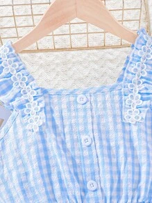 SHEIN 女孩格子圖案荷葉邊花邊下擺上衣和百褶半身裙套裝 - 藍白色 - 查看 7