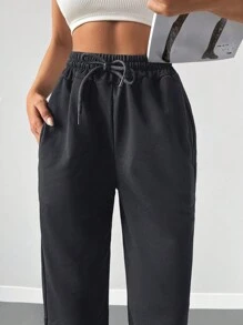 EURMUSE Solid Drawstring Waist Sweatpants - Dark Grey - View 4