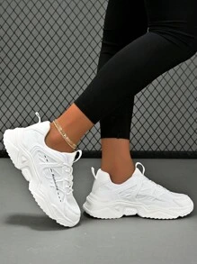 Women's Comfortable Outdoor Slip-resistant Breathable Round Toe Low Top Lace-up Sneakers, White Running Shoes For Women With Letter Print