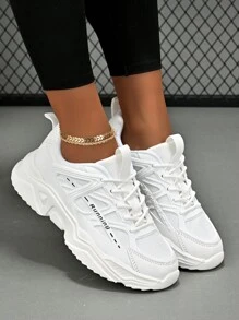Women's Comfortable Outdoor Slip-resistant Breathable Round Toe Low Top Lace-up Sneakers, White Running Shoes For Women With Letter Print