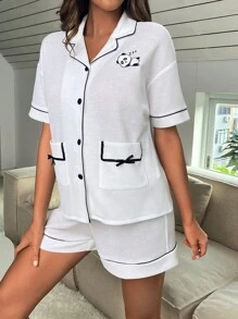 Bộ đồ ngủ Nữ Túi Nút phía trước Nơ Bướm Tương phản ràng buộc Hoạt hình - trắng - Xem 3