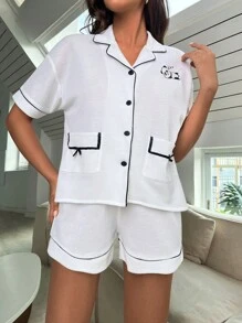 Bộ đồ ngủ Nữ Túi Nút phía trước Nơ Bướm Tương phản ràng buộc Hoạt hình - trắng - Xem 5