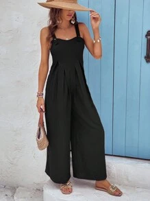 SHEIN VCAY Solid Wide Leg Cami Jumpsuit - Black - View 3