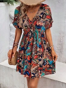 SHEIN VCAY 滿版印花蝙蝠袖連衣裙 - 彩色 - 查看 1