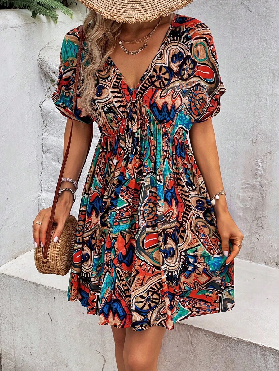 SHEIN VCAY 滿版印花蝙蝠袖連衣裙 - 彩色 - 查看 1