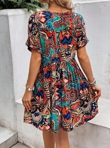 SHEIN VCAY 滿版印花蝙蝠袖連衣裙 - 彩色 - 查看 2