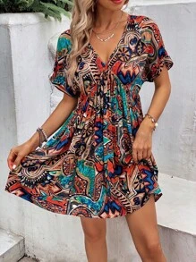 SHEIN VCAY 滿版印花蝙蝠袖連衣裙 - 彩色 - 查看 3