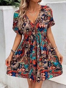 SHEIN VCAY 滿版印花蝙蝠袖連衣裙 - 彩色 - 查看 4