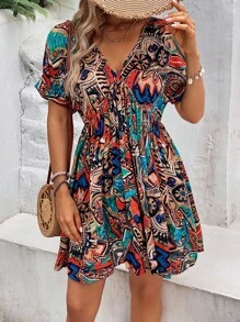 SHEIN VCAY 滿版印花蝙蝠袖連衣裙 - 彩色 - 查看 5