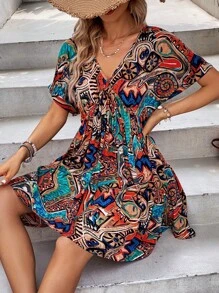 SHEIN VCAY 滿版印花蝙蝠袖連衣裙 - 彩色 - 查看 6