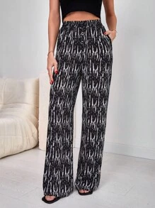 EURMUSE Allover Print Wide Leg Trousers - Black - View 1